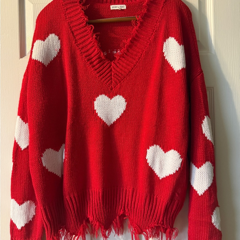 Stylish Red V-Neck Sweater with White Heart Pattern